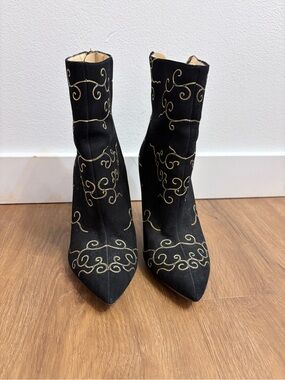 Charlotte Olympia Black Suede Ankle Boots with Gold Embroidery
